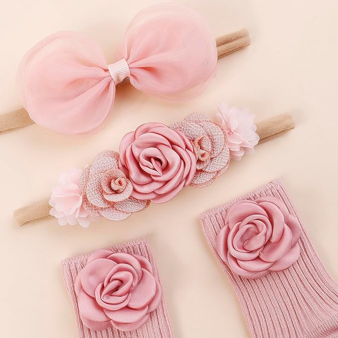 cherrboll Baby Girl Headbands and Socks Set, 3Pcs Soft Floral Hairbands Hair Bows Knit Socks for Newborn Infants Toddlers Photography Props Gifts