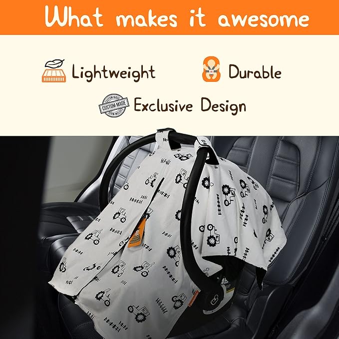 Dear Baby Gear Car Seat Cover for Boys & Girls - Baby Carseat Canopy w/Snap Opening - Infant Seat Cover - Nursing Covers - Newborn Carrier Canopy - 40x30" (Black and Gray Farm Tractors & Fence)