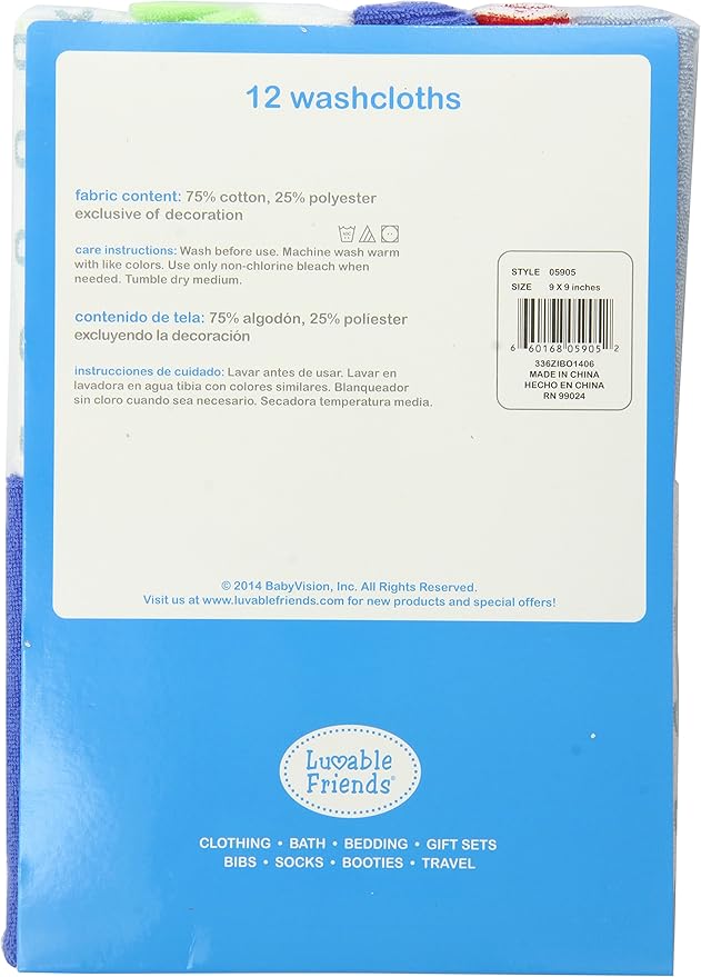 Luvable Friends Unisex Baby Cotton Rich Washcloths, Blue Stripe, One Size
