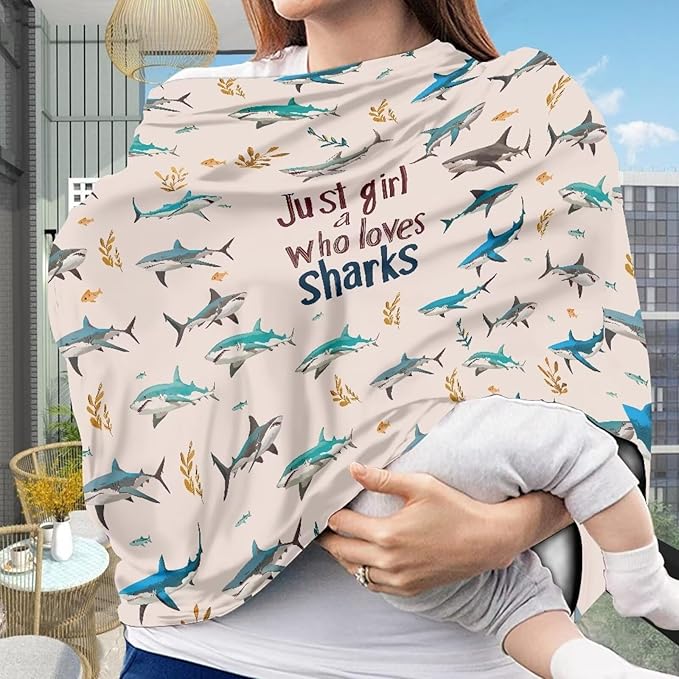 AFPANQZ Shark Print Baby Car Seat Covers Winter Cozy for Girls Boys Multifunctional Infant Car Seat Canopy Nursing Cover High Chair Cover Full Coverage Breathable Stretchy