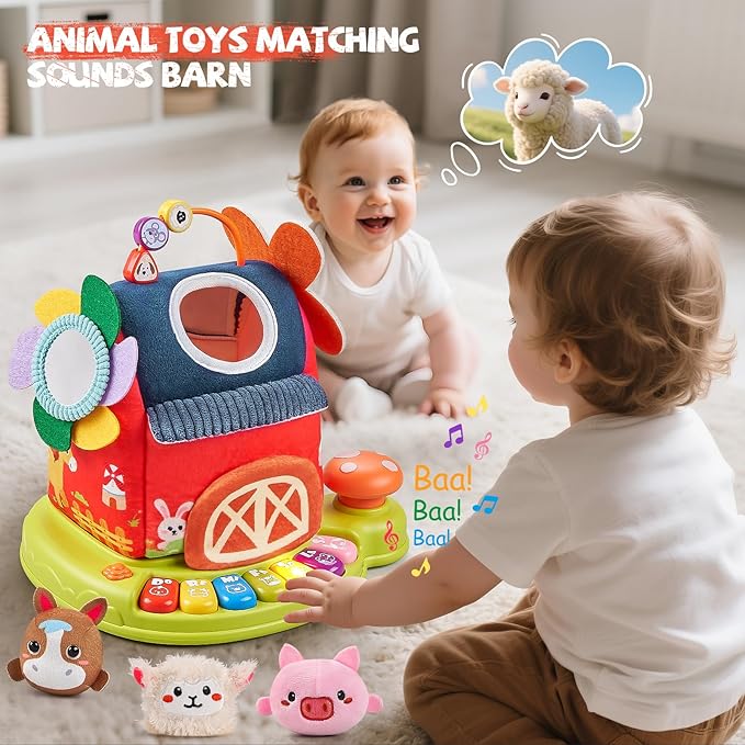 Vanvimen Musical Baby Toys 6-12 Months, Surprise Barn with 7 PCS Stuffed Farm Animals, 4 Mode Sound and LED Lights, Montessori Sensory Toys for 6 12 Months, Ideals 6 7 8 9 Month Old Baby Gifts Toy
