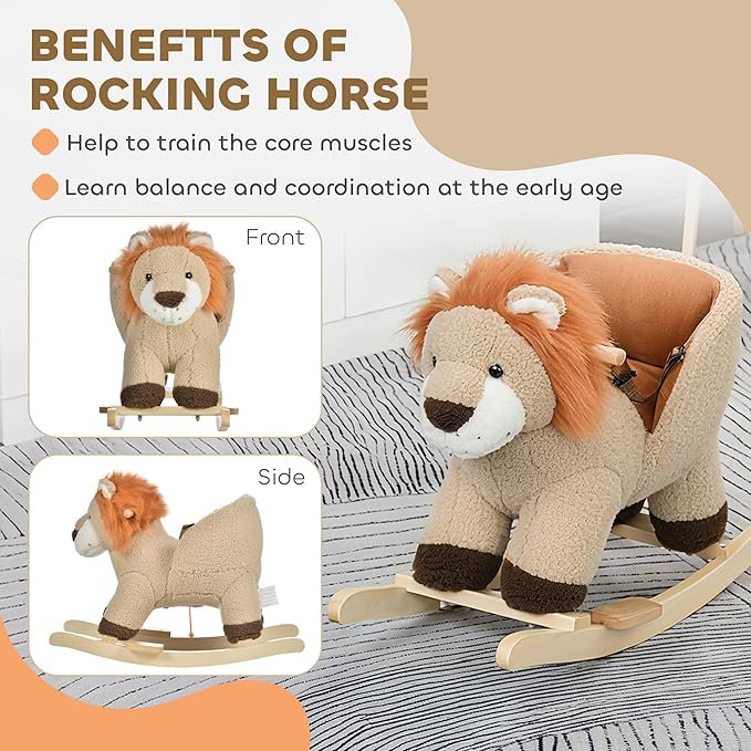 Qaba Baby Rocking Horse Lion with Sound, Plush Stuffed Rocking Animals, Wooden Rocking Horse with Seat Belt for 18-36 Months Boys and Girls Gift, Brown