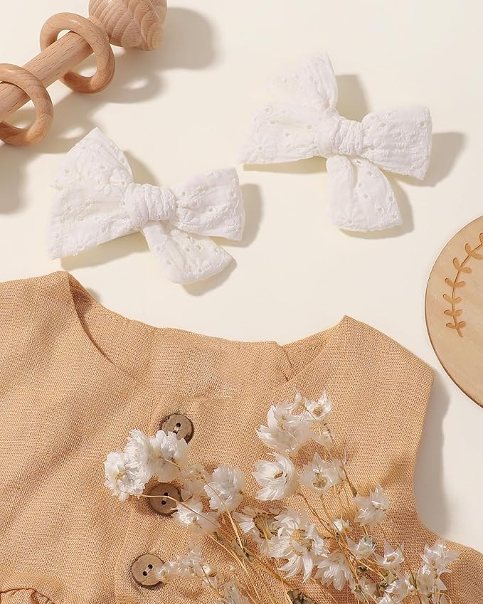 Jollybows 2pcs 3.2" Hair Bows Clips for Baby Girl Toddler Pigtail Neutral Linen Hair Clip Bows -White Eyelet