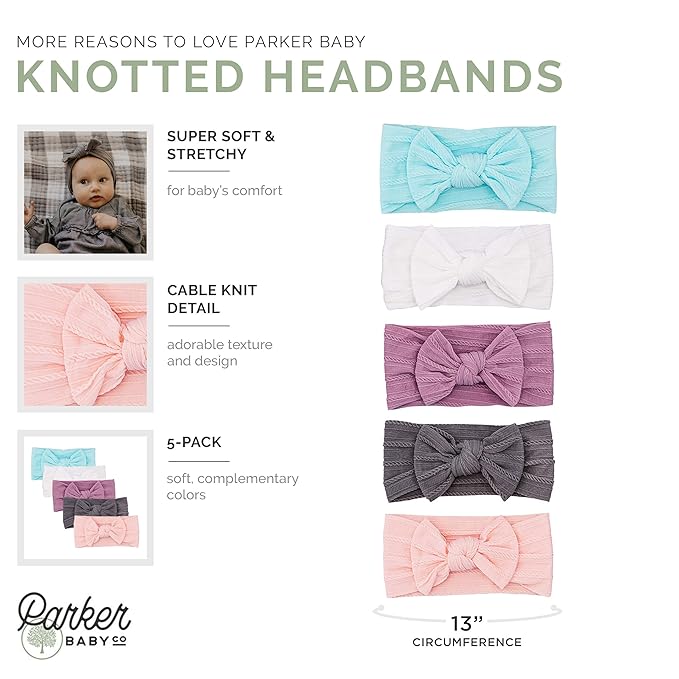Parker Baby Cable Knit Nylon Headbands 5 Pack | Soft, Stretchy & Comfortable Bows for Girls | Adjustable, Soft to Touch & Knotted Headbands for Baby Girls | Baby Headwraps for Girls | Multiple Colors