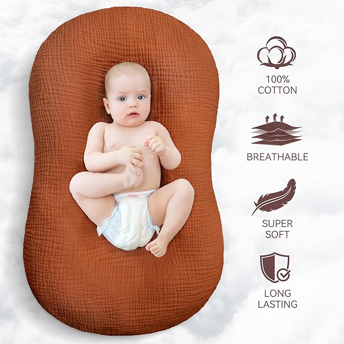 Muslin Baby Lounger Cover 1 Pack, Cotton Soft Breathable Infant Nest Slipcover, Envelope Closure, Compatible with Snuggle Me Loungers, Machine Washable, Cover Only, for Boys Girls(Brown)