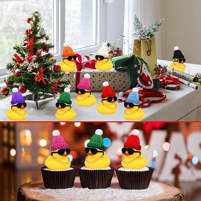 HAVAGDTM 12 Set Mini Ducks with Mini Hats Necklace and Sunglasses Bath Duck Toy for Baby Shower Birthday Swimming Party Gift Favor Decorations