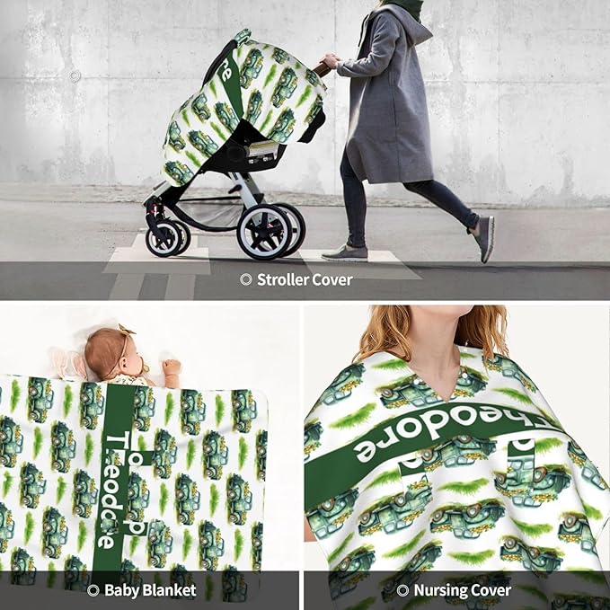 Green Truck Baby Car Seat Cover with Custom Name – Multipurpose Nursing Cover, Stroller Cover, Breastfeeding Privacy Canopy – Soft Breathable Blanket for Boys, Shower Gift