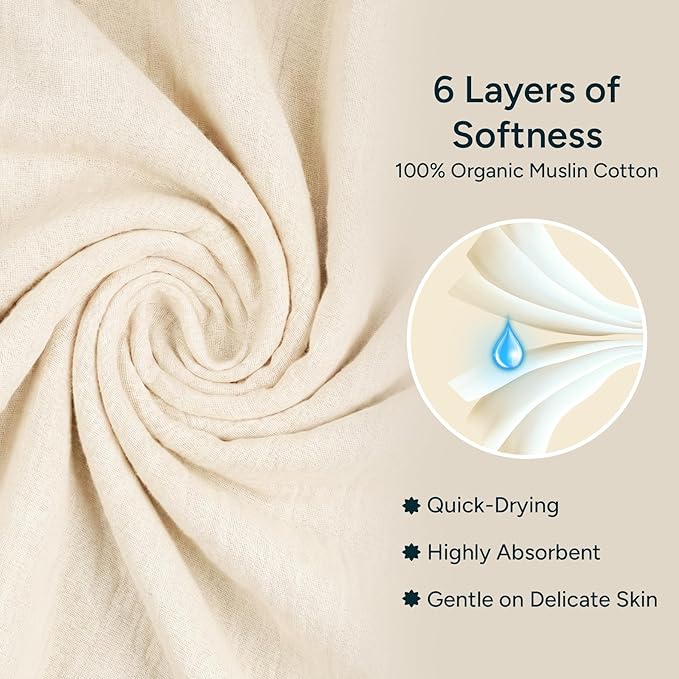 Hands-Free Hooded Towel 100% Organic Premium Muslin Cotton, 30" x 30", Ultra-Absorbent, Soft, Breathable, Hypoallergenic, Multipurpose, Gifts for Babies & Infants