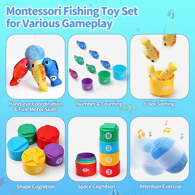 Toys for 1 Year Old Girl Boy, 1st First Birthday Gir Boy Gifts, Montessori Baby Toys 12-18 Months, Cloth Fishing with Stacking Cups, Toddler Learning Toy 1 2 Year Old