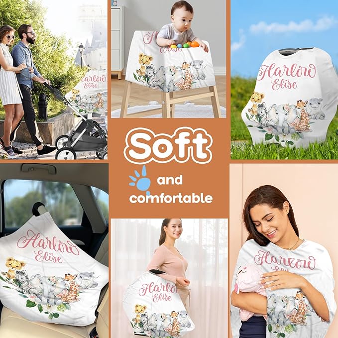 Personalized Baby Car Seat Cover Stroller Canopy: Custom Name Newborn Baby Girl Elastic Safari Animals Nursing Cover for Moms First Birthday Gift Pink(one Size)