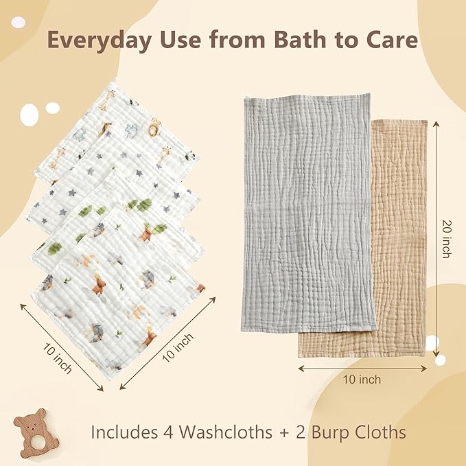 6-Pack Baby Washcloths & Long Towels, 100% Cotton Muslin Face Towels for Baby & Mom, Ultra-Soft Newborn Essentials with Gift Box, for Boys & Girls (Woodland Starry Night Series)
