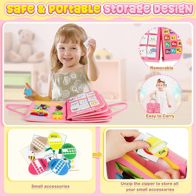 URMYWO Busy Board - Montessori Toys for 1 2 3 4 Year Old, Busy Book Toddler Activities with Fine Motor Skills, Autism Sensory Toys Gifts for Boys Girls, Travel Toys for Road Trip Plane Car (Pink
