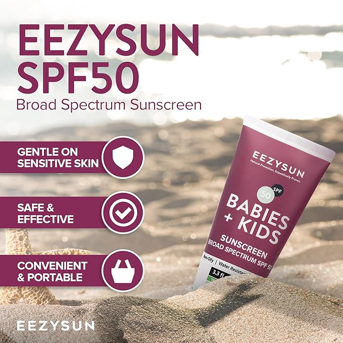 EEZYSUN SPF 50 Mineral Sunscreen for Kids & Babies - Non-Greasy, Water Resistant, Gentle for Sensitive Skin Baby Sunscreen with Aloe Vera - Cruelty-Free - Sun Protection for Face & Body - 3.3 fl oz