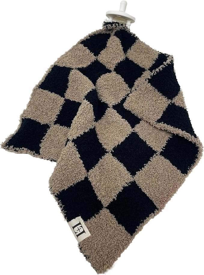 L+L USA Checkered Baby Lovey Pacifier/Teether Holder 10"x10" - DreamSoft Plush Fluffy Cuddly Soothie Reversible Mini Comfort Blanket - Cute Newborn Gift Essential for Babies Boys Girls (Black/Brown)