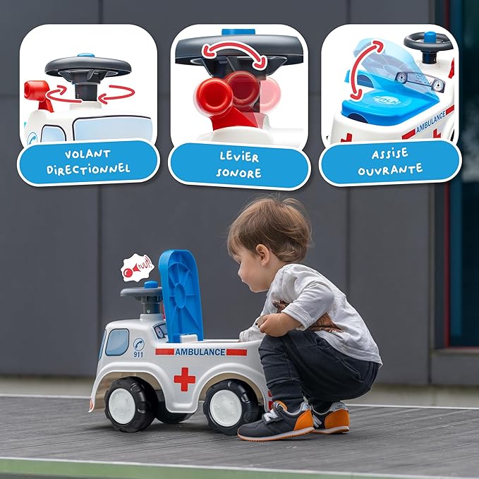 Falk Truck Vehicle with Opening seat and Steering Wheel with a Horn, Push Ride-On Toy for Toddlers 1-3 Years (Ambulance)