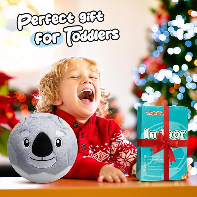 VangeBow Silent Indoor Soccer Balls for Toddlers 1-3, Inflatable Soft Plush Baby Toddler Soccer Ball Toys Gifts for 1 2 3 4 5 Year Old Boy Girl First Birthday Gift (Koala, Pump Include)