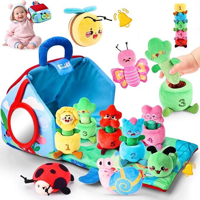 Esjay Montessori Toys for Toddler 1 Year Old, Garden Plants and Bugs with Rattle Squeaker Planting Stacking Color Matching, Sensory Learning Baby Toy 12 18 Months, Gift for 1 2 3 Toddlers Boys Girls