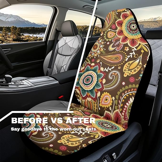 Boho Flower Car Front Seat Cover, Women's Auto Car Seat Covers Protector Universal Car Interior Accessories Automobile Seat Cover for Most Cars Truck Van SUV, 2 Pack