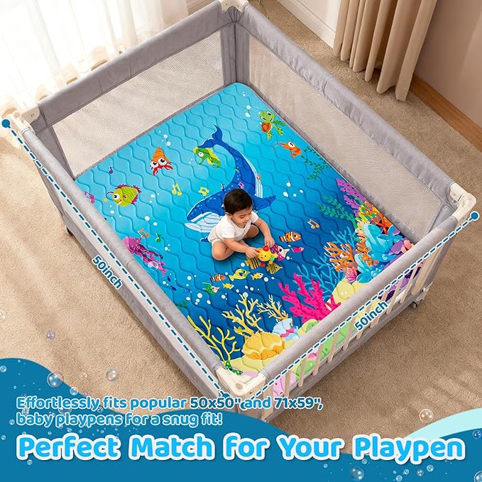 RONGFA Baby Play Mat for Floor, 50'' x 50'' Thicken Foam Soft Padded Mat for Baby, Playpen Mat for Toddlers Infant Kids, Machine Washable, Non-slip Bottom Safe for Crawling (Sea)