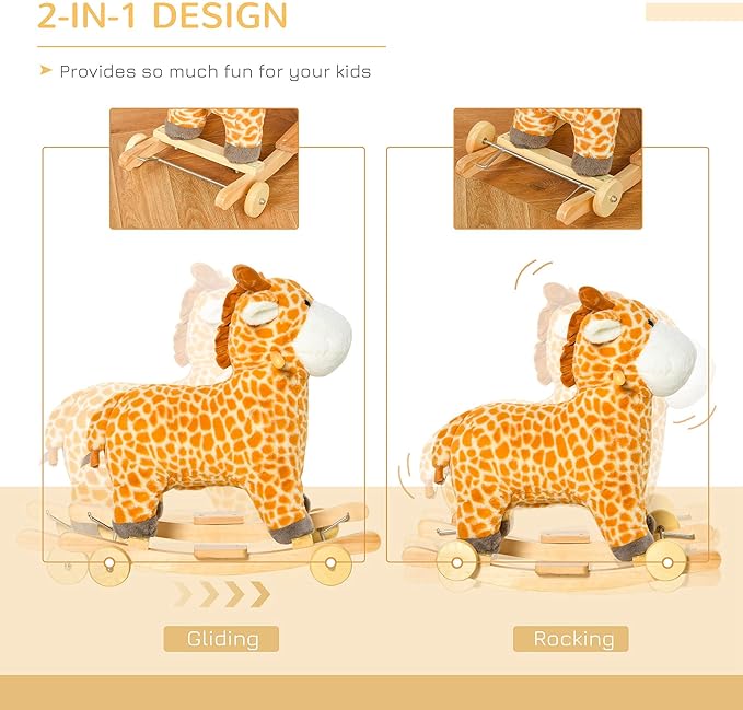 Qaba Rocking Horse, 2 in 1 Kids Ride on Horse, Rolling Giraffe Animal Rocker with Sound, Wooden Base, Pedal, Grip Handle, Plush Riding Pony for 3-6 Years Old, Yellow
