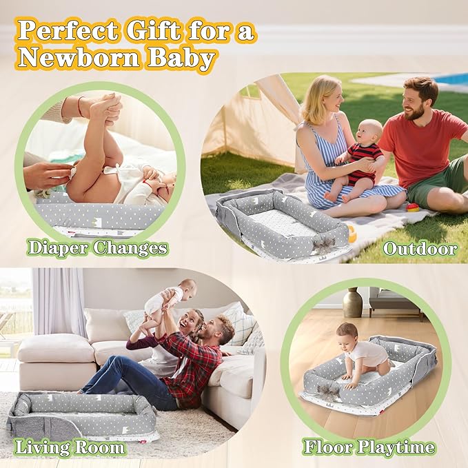 Baby Lounger for Newborn-Portable Baby Lounger 0-24 Months for Home and Travel,Newborn Loungers with Strap, Baby Nest Lounger Adjustable Size,Crown Grey