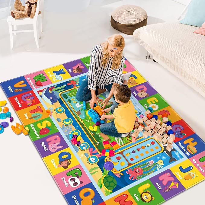 Baby Play Mat for Floor, Kids Playmat Baby Crawling Mats Educational Tummy Time Mats Soft ABC Play Mat for Babies Infants Floor Mat for Kids Learning Playing (78.7X59 INCH, Style 1)