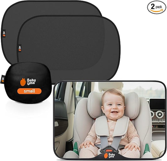 Baby Uma Car Window Shades + Baby Car Mirror - UPF 50+ Window Shade 2 Pack PLUS 1 Shatterproof, XL View Mirror for Baby, Easy On 'n Off, Newborn Essentials