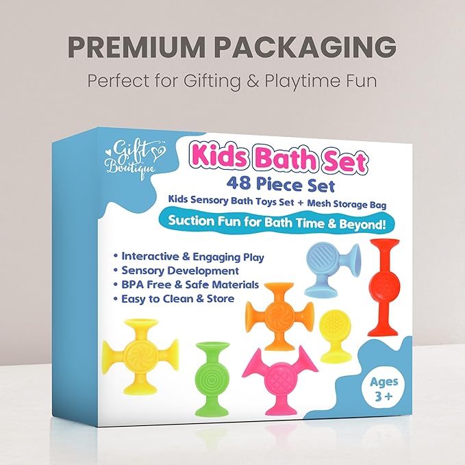 Gift Boutique 48 Pack Bulk Easter Basket Stuffers | Toddler Bath Toys for Kids Fine Motor Skills | Silicone Suction Sensory Toys | Montessori Travel Airplane Activities with Storage Bag, Easter Gift