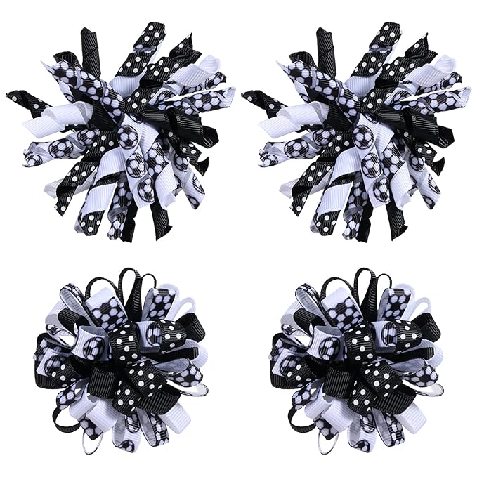 Soccer Korker Hair Bows for Girls,4pcs Black White Football Sport Curly Ribbon Alligator Clips for Soccer Team Moms Gifts Player Fans Game Day Cheer Dress Decoration Accessories