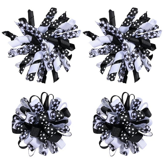 Soccer Korker Hair Bows for Girls,4pcs Black White Football Sport Curly Ribbon Alligator Clips for Soccer Team Moms Gifts Player Fans Game Day Cheer Dress Decoration Accessories
