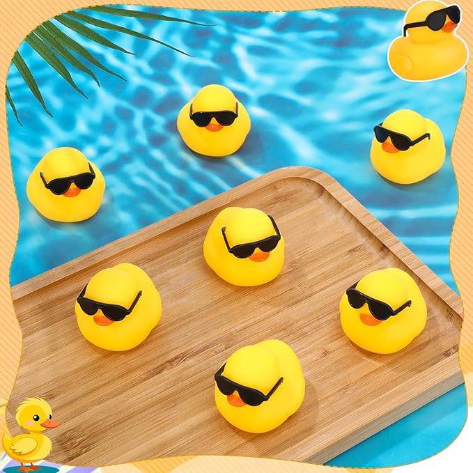 24 Set Mini Rubber Ducks with Sunglasses, Tiny Rubber Ducks Bulk for Car Dashboard Decorations Cruise Birthday Party Favors (Yellow)