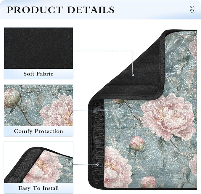 CHIFIGNO Pack of 2 Car Seat Belt Covers Pink Peonies Blue Leaves Seatbelt Cushion Fashion Shoulder Strap Cushion Protect Your Neck and Shoulder