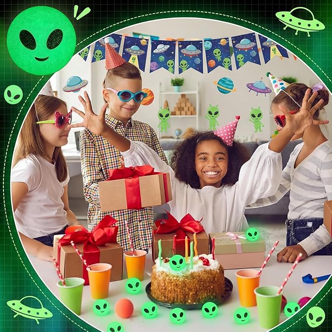 Seenelling 24 Pcs Alien Glow in The Dark Bouncy Balls Aliens Rubber High Bouncing Balls Space Party Favors Easter Toys Halloween Goodie Bag Stuffer Classroom Gifts