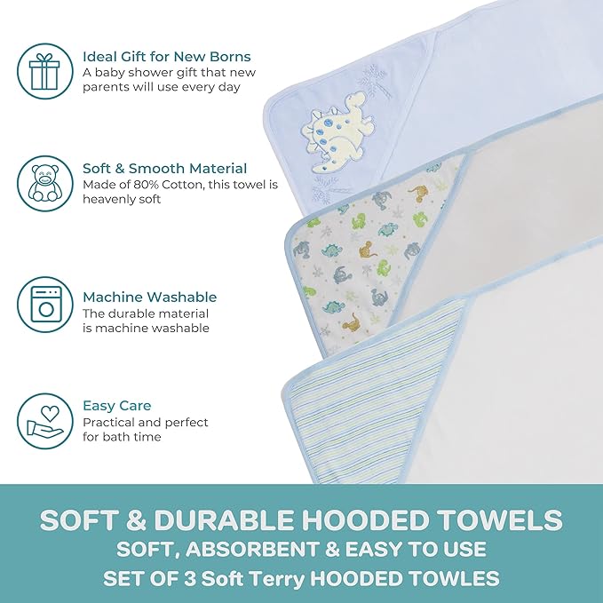 Spasilk 3-Piece Hooded Towel Set for Newborn Boys and Girls, Soft Terry Baby Towels, Baby Essentials, Blue Dino