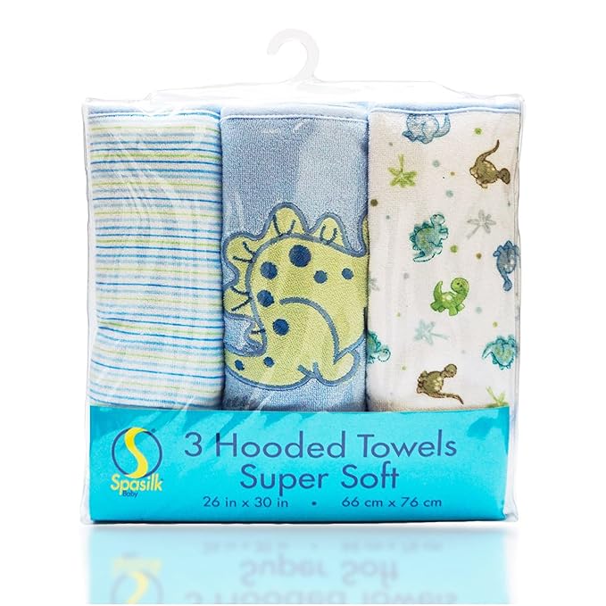 Spasilk 3-Piece Hooded Towel Set for Newborn Boys and Girls, Soft Terry Baby Towels, Baby Essentials, Blue Dino
