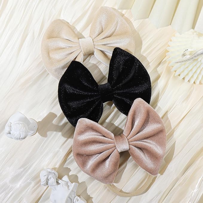 Velvet Baby Bows Headbands Solid Elastic Baby Girl Hair Bows Handmade Newborn Hair Band Bows Infant Toddlers Kids Hair Accessories 3 Pcs Beige Khaki Black