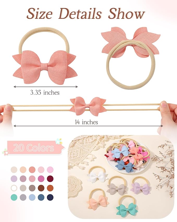 jollybows 3.35" 20pcs Baby Girls Bows Headbands Elastic Nylon Hairband Ribbon Bow Hair Accessories for Kids Toddlers Infants Newborn