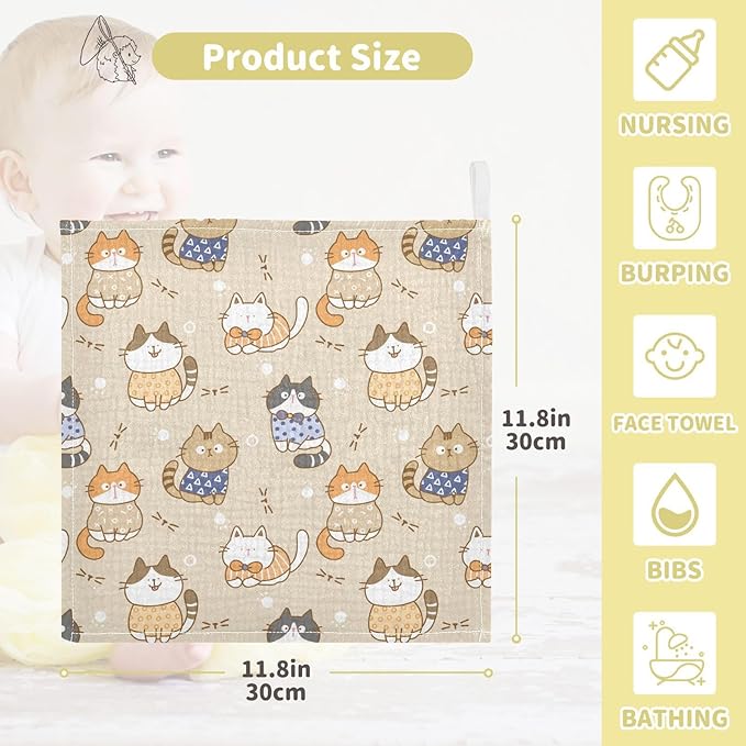 vvfelixl Baby Muslin Washcloths Cute Cats Baby Burp Cloths Cotton Baby Face Towel for Newborn Infants Boy Girl Soft and Absorbent 11.8 X 11.8 in, 3 Pack