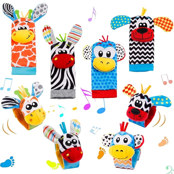 Baby Wrist Rattles and Sock Toys - Newborn 0-6 Months, 8PCS Soft Foot Finder Set, Hand and Feet Sensory Developmental Socks for Infants, Girl Boy Gifts