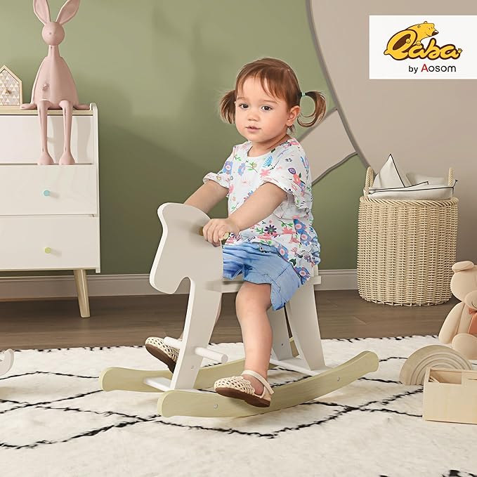 Qaba Wooden Rocking Horse Toddler Baby Ride-on Toys for Kids 1-3 Years with Classic Design & Solid Workmanship, White