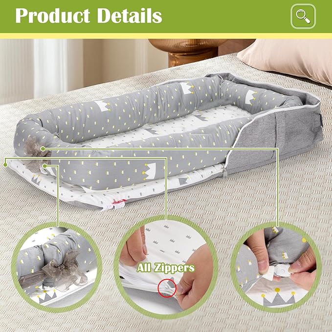 Baby Lounger for Newborns & Infants 0–24 Months, 100% Cotton Breathable Infant Support Cushion with Adjustable Size, Portable Baby Nest for Home and Travel, Baby Shower Gift(Crown Grey)