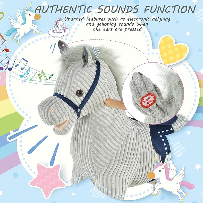 Qaba Kids Rocking Horse for Toddler 3-5, Plush Ride on Horse Wooden Rocker with Realistic Sounds, Gray
