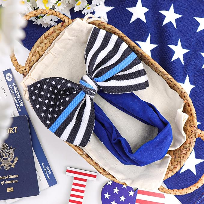 YanJie 7" Baby Girls Headbands National Police Week Hair Bow Blue Line Flag Printed Headbands Police Support Nylon Headband Infant Bows Gift