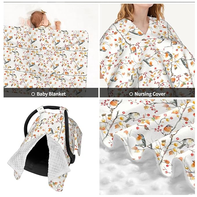 Fall Leaf Bird Tree Branch Baby Car Seat Canopy Nursing Cover for Newborn Car Seat Breastfeeding Covers Blanket Newborn Shower Gift