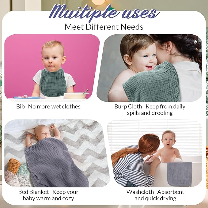 Hahafelt 6 Pcs Muslin Hooded Bath Towels Washcloths and Bibs Set, Muslin Cotton Baby Towels Absorbent Hooded Blanket Towel Infant Bibs for Boys Girls Newborn Infant Essential(Gray, Green)