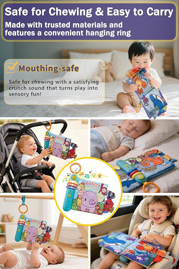 Cloth Books for Babies 0-6-12 Months, Interactive Soft Sensory Toy with Lights, Sounds & Music, Bite-Proof Educational for Newborns, Infants & Toddlers 0-3 Years (Forest Animals)