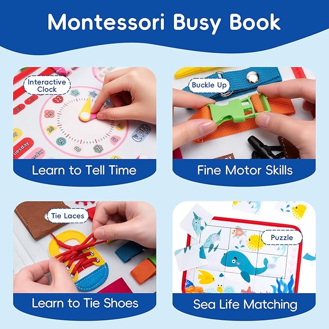 Busy Book for Toddlers - Montessori Sensory Toys for Travel, 4-Page Fine Motor Activity Board Gift for Boys & Girls (Ocean)