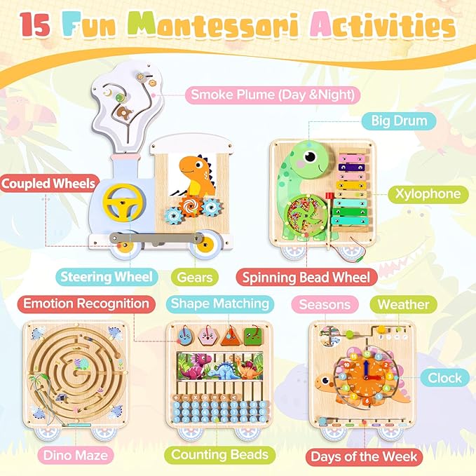 Train Activity Wall Busy Board,Wooden Montessori Sensory Toys,15-in-1 Sensory Wall Panel for Playroom,Preschool,Daycare,Nursery,Classroom, Educational Toys for Toddler