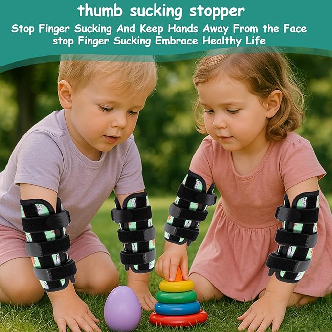 2 PCS Thumb Sucking Deterrent, Green Animals Thumb Guard for Kids Toddlers Nail Biting Treatment, Anti Nose Picking, Scratching Face, Elbow Immobilizer for Boys Girls, Finger Sucking Prevention