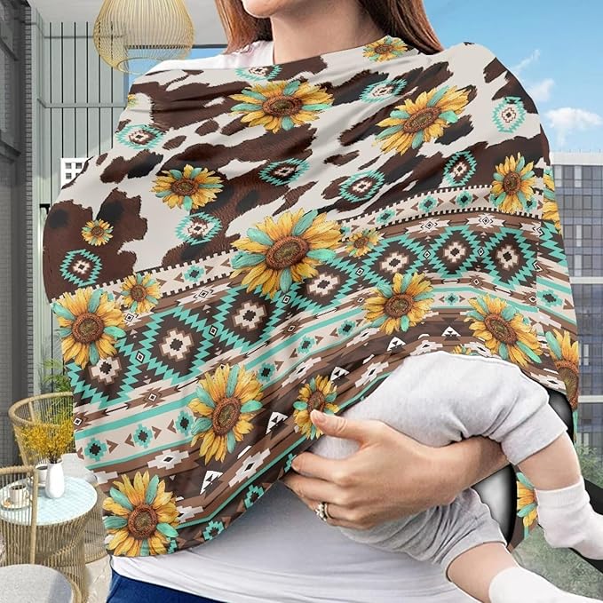 Binienty Aztec Geometric Sunflower Cow Print Baby Car Seat Cover, Stretchy Fabric Carseat Canopies, Multi Use High Chair/Shopping Cart/Stroller Cover